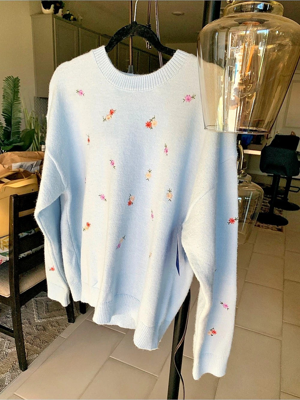 NWT Floral Embroidered Sweater in Blue Large NWT